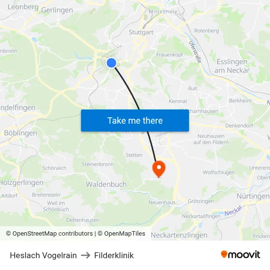 Heslach Vogelrain to Filderklinik map