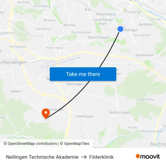 Nellingen Technische Akademie to Filderklinik map