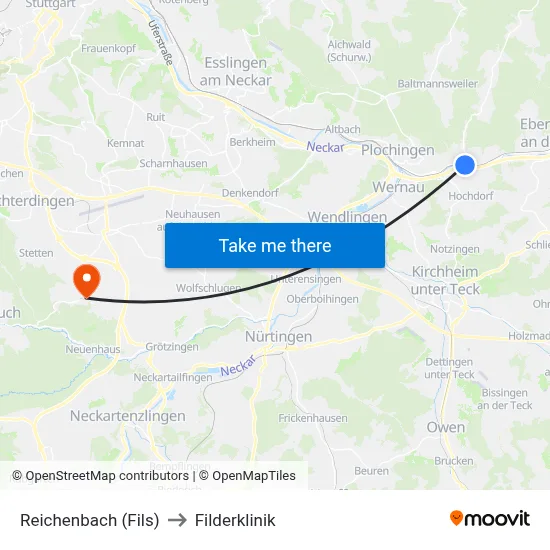 Reichenbach (Fils) to Filderklinik map