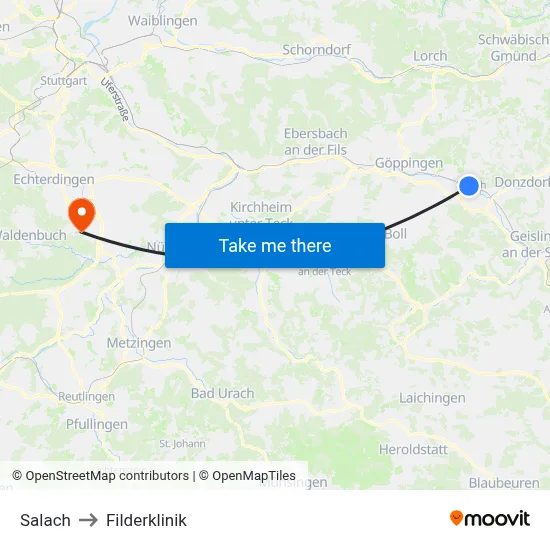 Salach to Filderklinik map