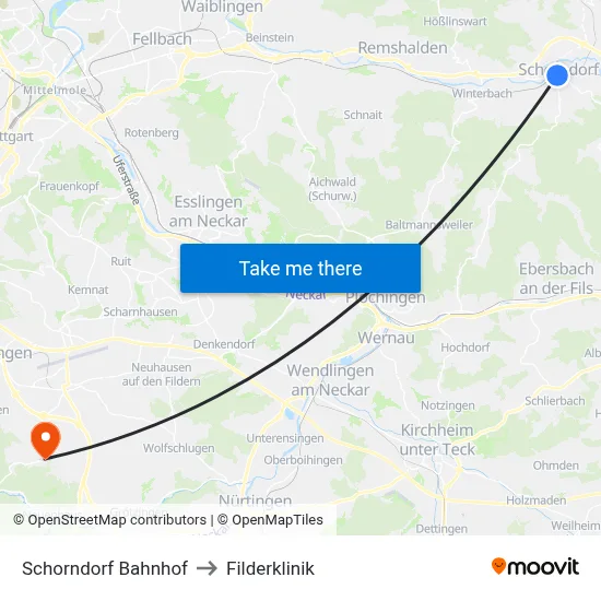 Schorndorf Bahnhof to Filderklinik map
