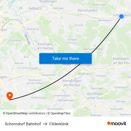 Schorndorf Bahnhof to Filderklinik map
