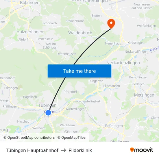 Tübingen Hauptbahnhof to Filderklinik map