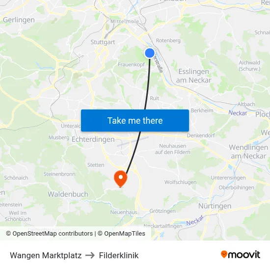 Wangen Marktplatz to Filderklinik map