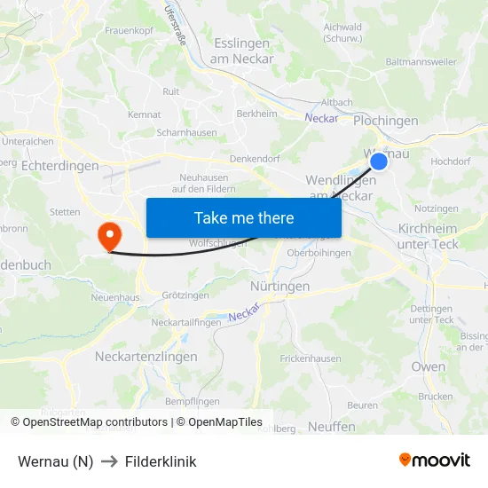 Wernau (N) to Filderklinik map