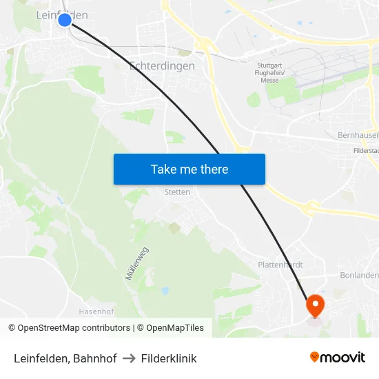 Leinfelden, Bahnhof to Filderklinik map