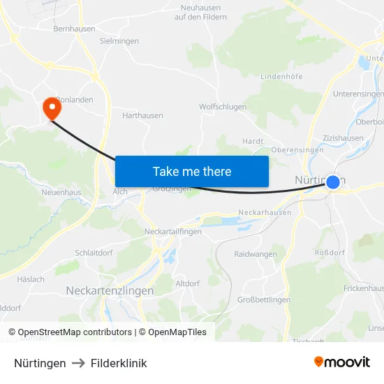Nürtingen to Filderklinik map