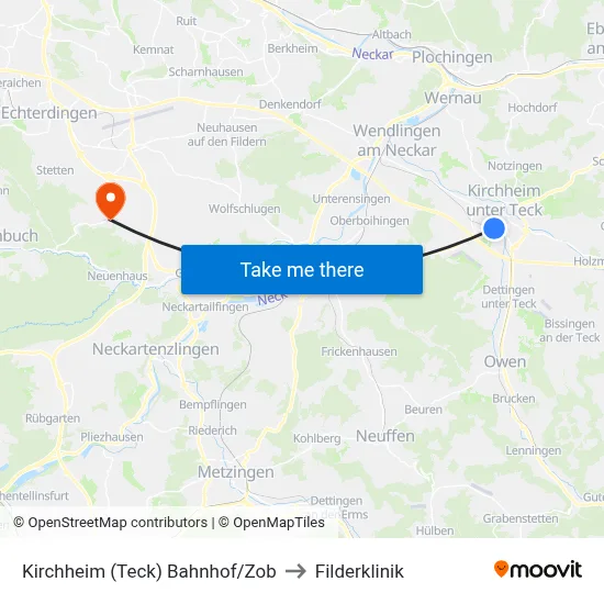 Kirchheim (Teck) Bahnhof/Zob to Filderklinik map
