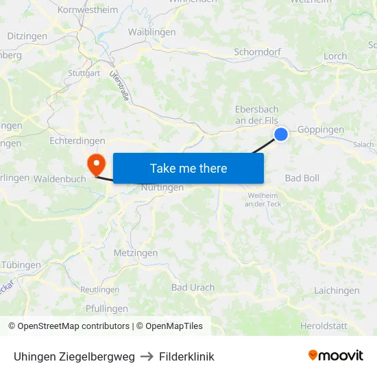 Uhingen Ziegelbergweg to Filderklinik map