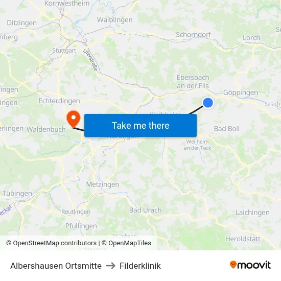 Albershausen Ortsmitte to Filderklinik map