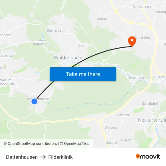 Dettenhausen to Filderklinik map
