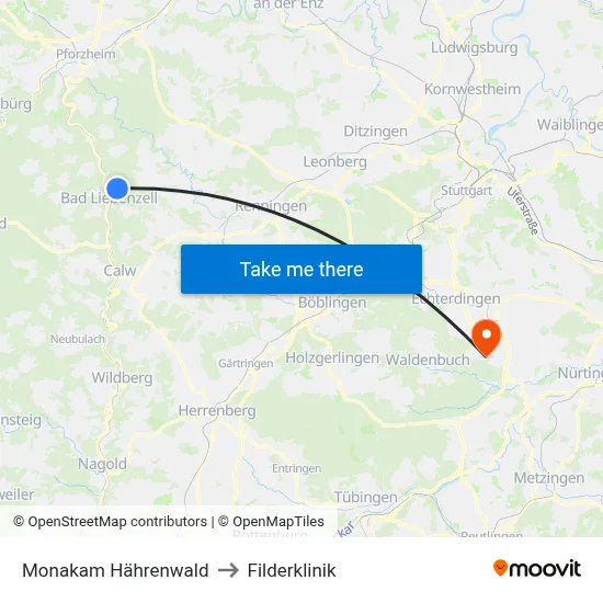 Monakam Hährenwald to Filderklinik map