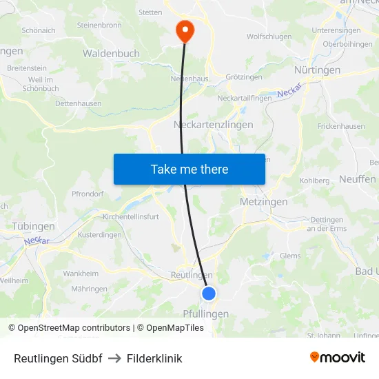 Reutlingen Südbf to Filderklinik map