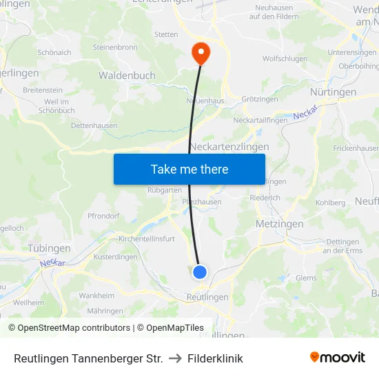 Reutlingen Tannenberger Str. to Filderklinik map