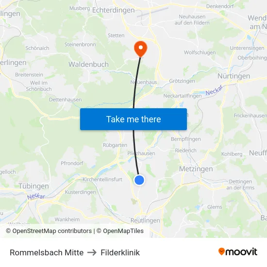 Rommelsbach Mitte to Filderklinik map