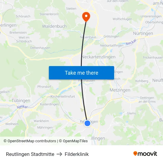 Reutlingen Stadtmitte to Filderklinik map