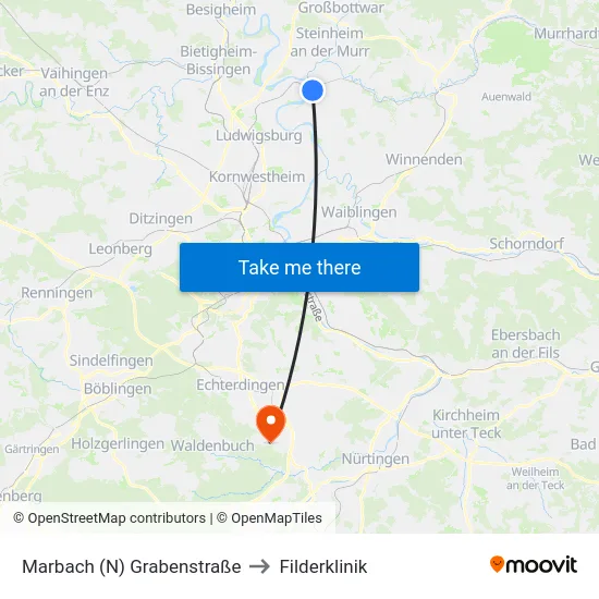 Marbach (N) Grabenstraße to Filderklinik map