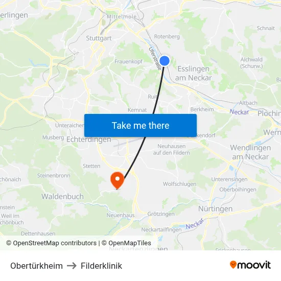Obertürkheim to Filderklinik map