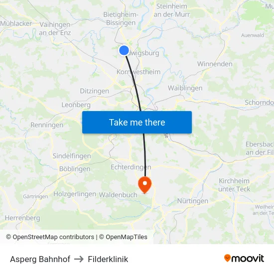 Asperg Bahnhof to Filderklinik map