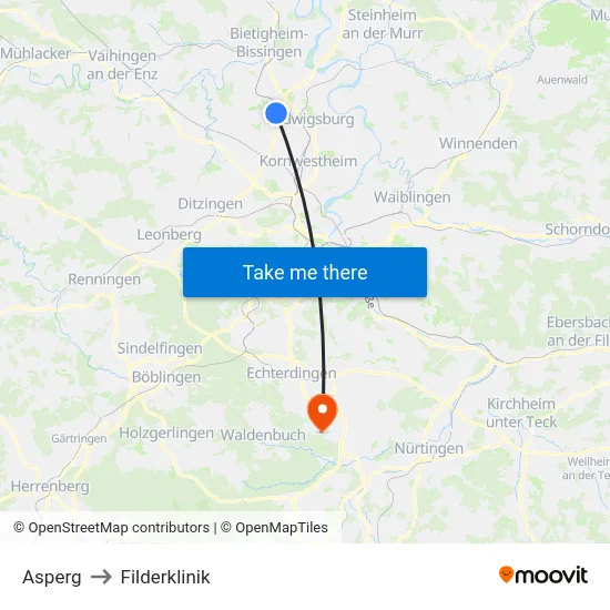Asperg to Filderklinik map