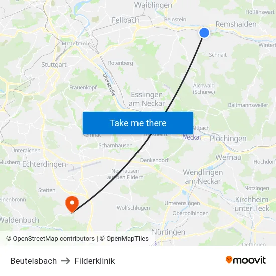 Beutelsbach to Filderklinik map
