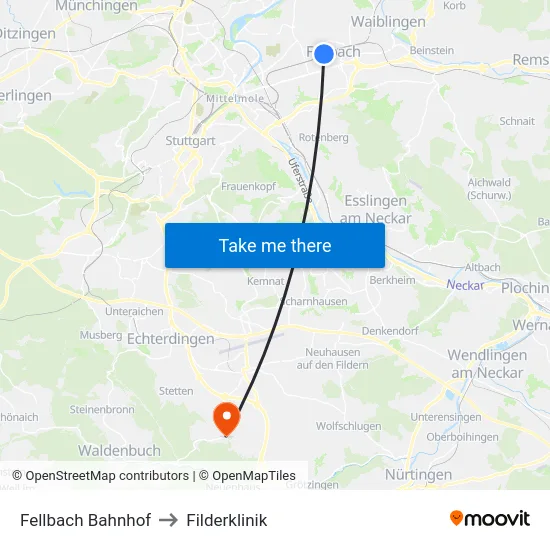 Fellbach Bahnhof to Filderklinik map