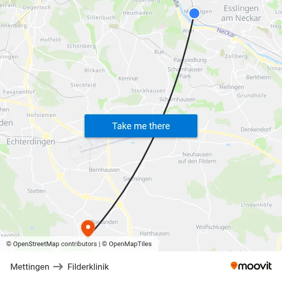 Mettingen to Filderklinik map
