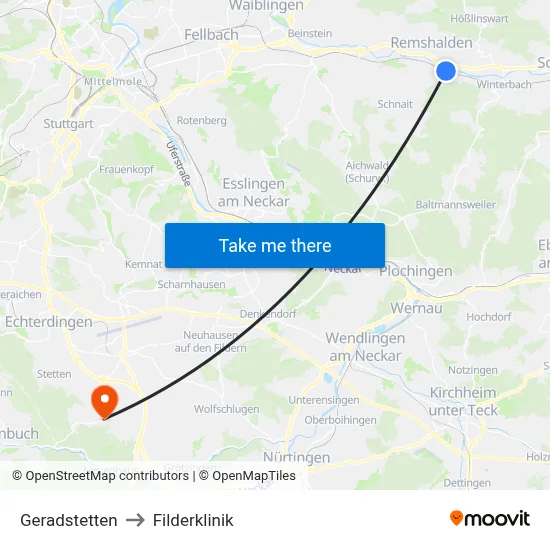 Geradstetten to Filderklinik map