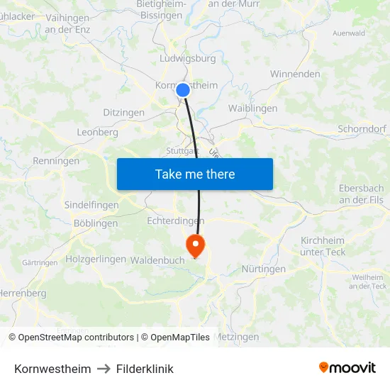 Kornwestheim to Filderklinik map
