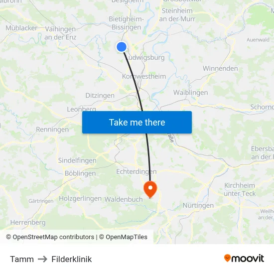 Tamm to Filderklinik map