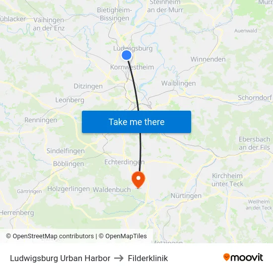 Ludwigsburg Urban Harbor to Filderklinik map