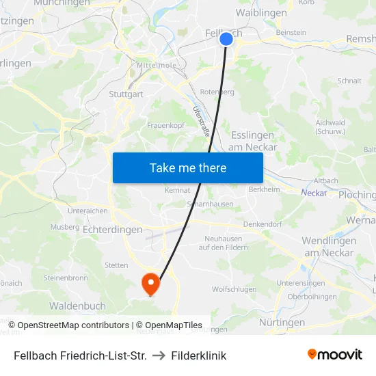 Fellbach Friedrich-List-Str. to Filderklinik map