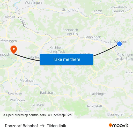 Donzdorf Bahnhof to Filderklinik map