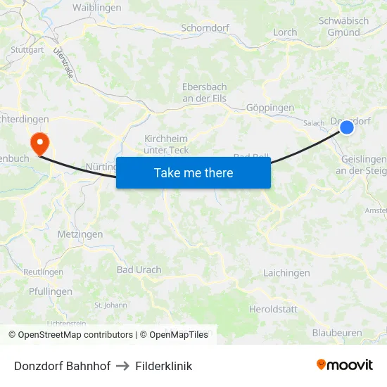 Donzdorf Bahnhof to Filderklinik map