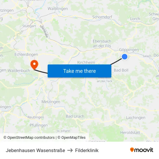 Jebenhausen Wasenstraße to Filderklinik map