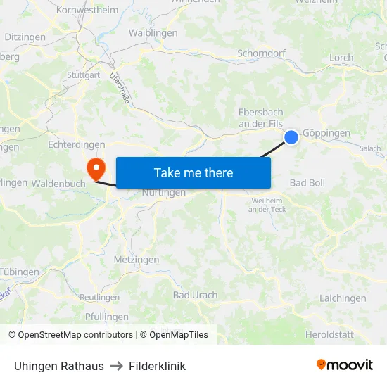 Uhingen Rathaus to Filderklinik map