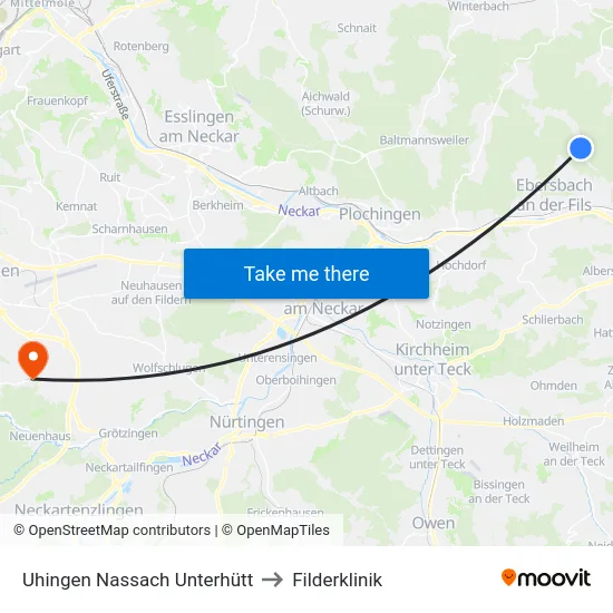 Uhingen Nassach Unterhütt to Filderklinik map