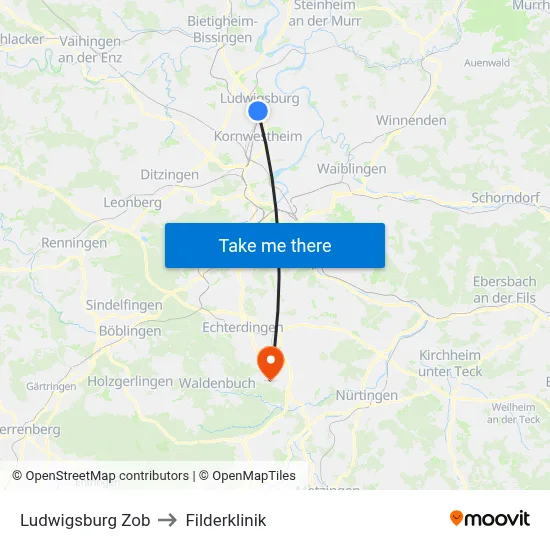 Ludwigsburg Zob to Filderklinik map