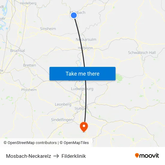 Mosbach-Neckarelz to Filderklinik map