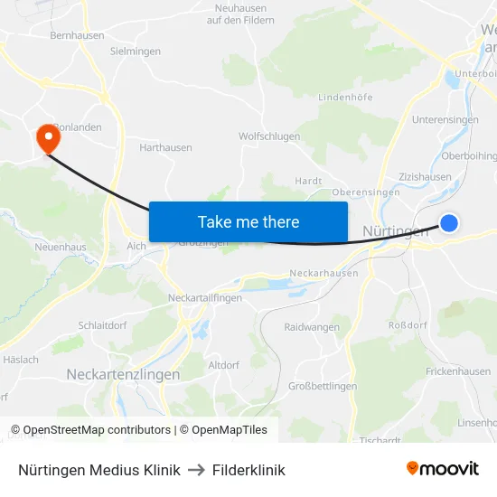 Nürtingen Medius Klinik to Filderklinik map