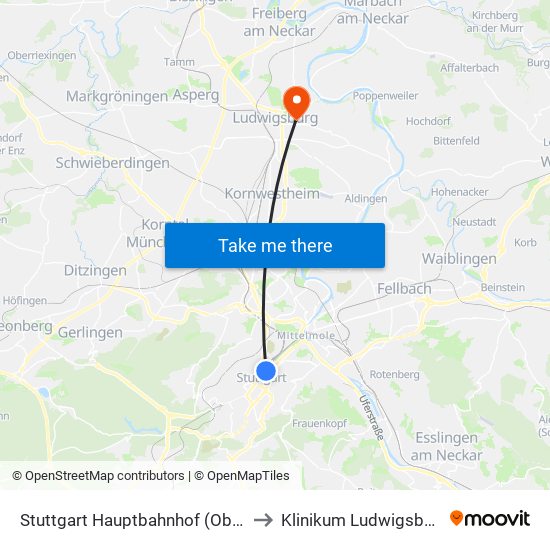 Stuttgart Hauptbahnhof (Oben) to Klinikum Ludwigsburg map