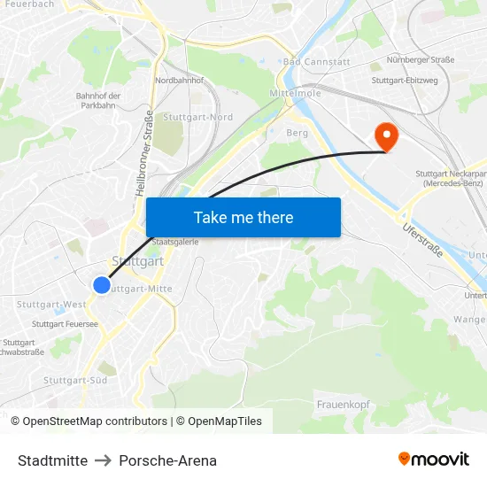 Stadtmitte to Porsche-Arena map