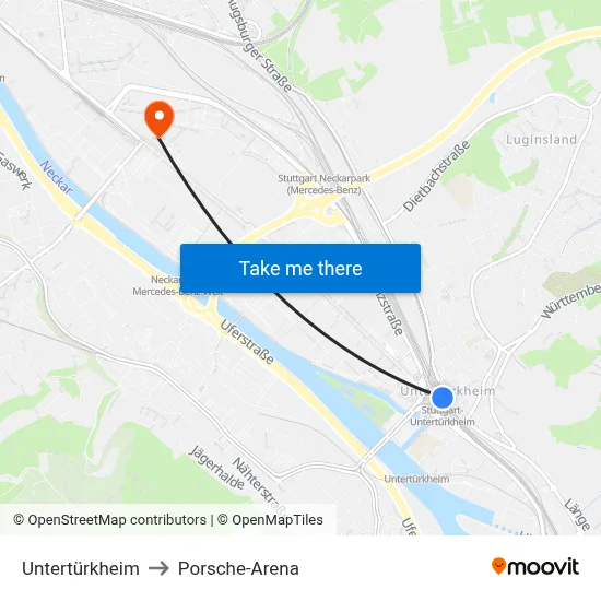 Untertürkheim to Porsche-Arena map