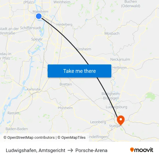 Ludwigshafen, Amtsgericht to Porsche-Arena map