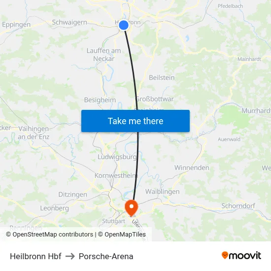 Heilbronn Hbf to Porsche-Arena map