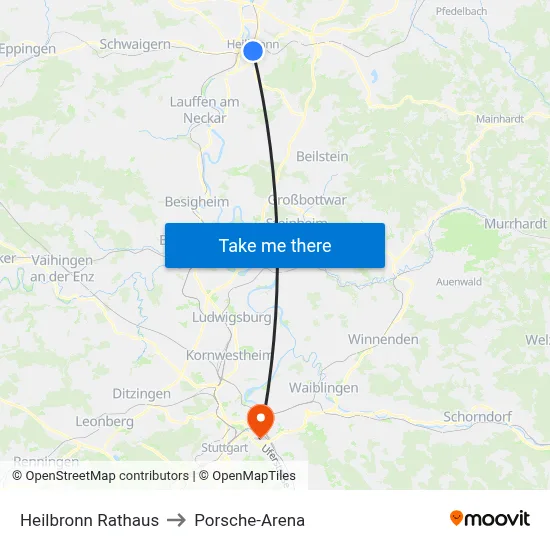 Heilbronn Rathaus to Porsche-Arena map