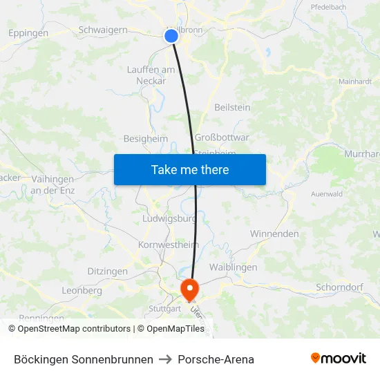 Böckingen Sonnenbrunnen to Porsche-Arena map