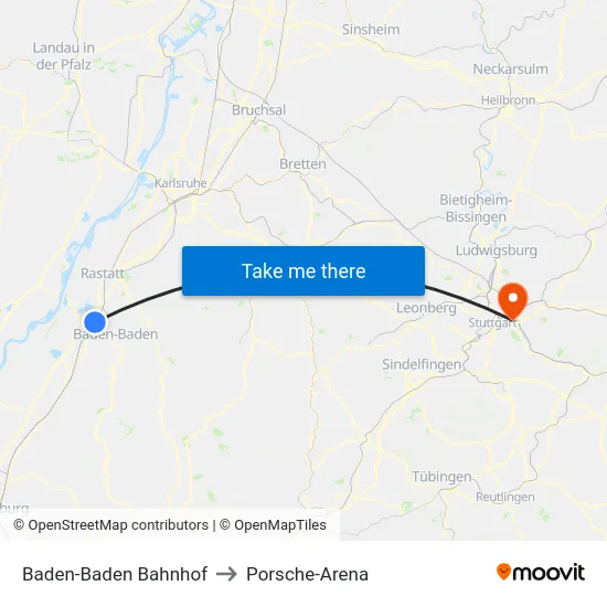 Baden-Baden Bahnhof to Porsche-Arena map