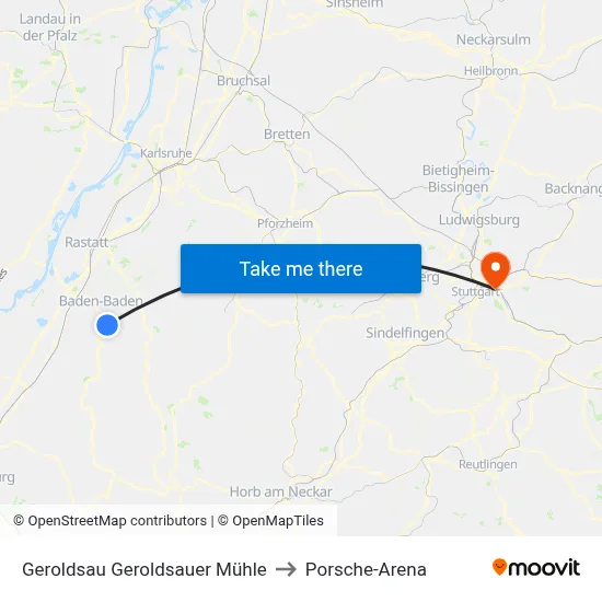 Geroldsau Geroldsauer Mühle to Porsche-Arena map