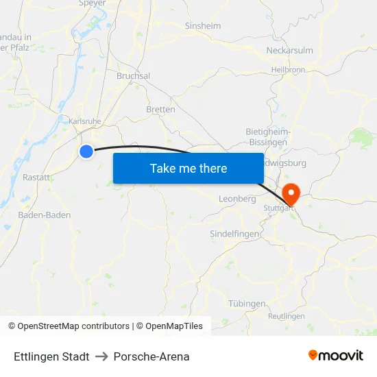 Ettlingen Stadt to Porsche-Arena map